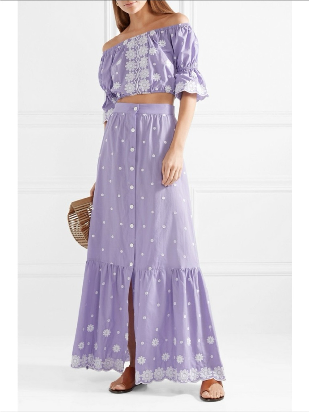 Miguelina Aiden Button Down Embroidered Cotton-voile Maxi Skirt Lilac Size XS - Picture 1 of 10